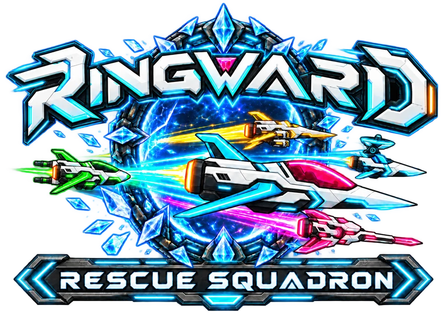 Ringward: Rescue Squadron logo: the Vanguard and four wing-drones bursting out of a blue rift ring